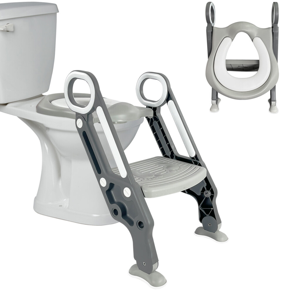(Grey) Children Toilet Seat & Ladder Toddler Training Step Up Easy Fold Down For Kids