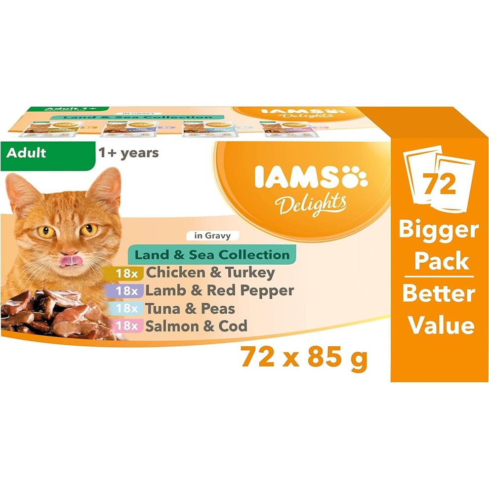 IAMS Delights Complete Wet Cat Food for Adult 1+ Cats Meat and Fish Variety in Gravy Multipack 72 x 85 g Pouches