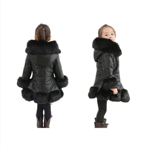 Black 4 5 Years Girls Kids Winter Coats Jackets PU Fur Hooded UK