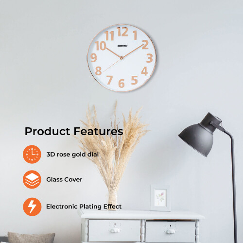 GEEPAS GEEPAS Wall Clock, 12 Non-ticking Analog Wall Clock 3D Rose Gold Dial 1