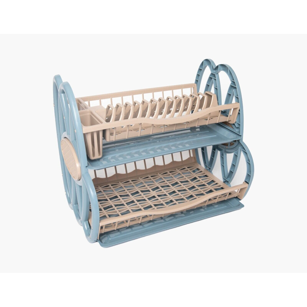 (Blue/Cream) 2 Tier Double Dish Drainer Rack Plastic Trays