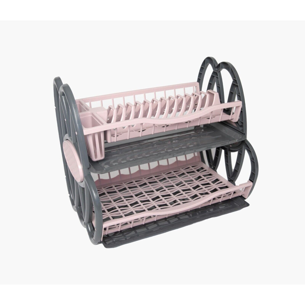 (Pink/Grey) 2 Tier Double Dish Drainer Rack Plastic Trays