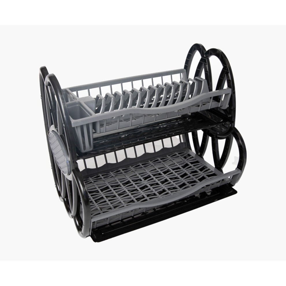 (Black/Grey) 2 Tier Double Dish Drainer Rack Plastic Trays