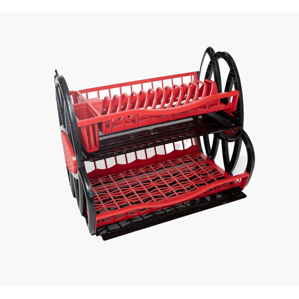 (Black/Red) 2 Tier Double Dish Drainer Rack Plastic Trays