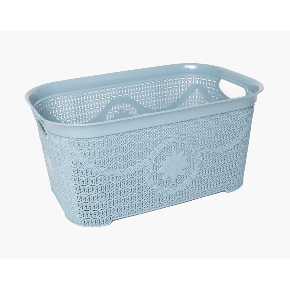 (Duck Egg Blue) 35L Plastic Washing Laundry Basket Rattan Knitted