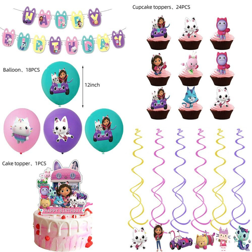 (Set 64pcs) Dollhouse Kids Gabbys Birthday Party Supplies Decor Balloons Flag Topper Cake
