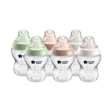 Closer to Nature Baby Bottles, Slow-Flow Breast-Like Teat with Anti-Colic Valve, 260ml, Pack of 6, Mixed Colours