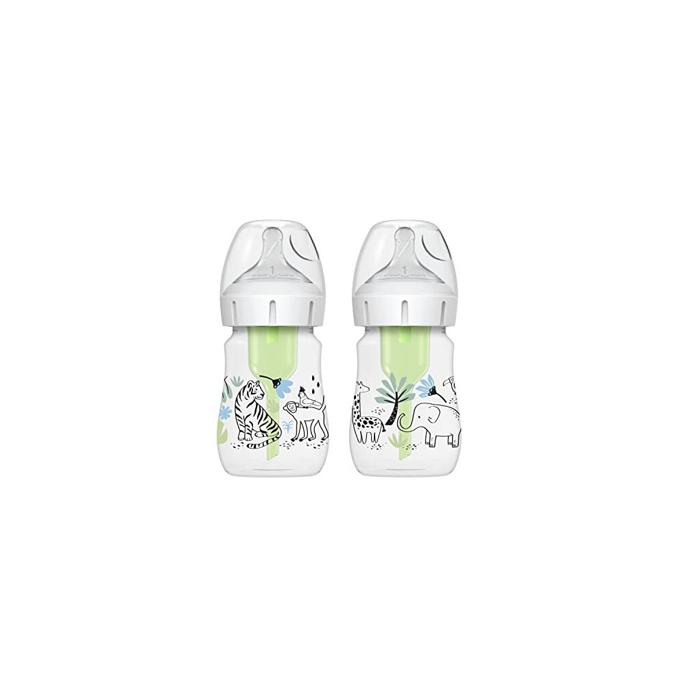 Dr Brown's Anti-Colic Options+ Wide-Neck Baby Bottle, 5Oz/150Ml, 2-Pack - Jungle Design