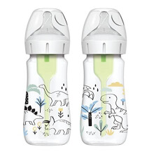 Dr Brown's Anti-Colic Options+ Wide-Neck Baby Bottle, 9oz/270ml, 2-Pack - Dinosaur Design
