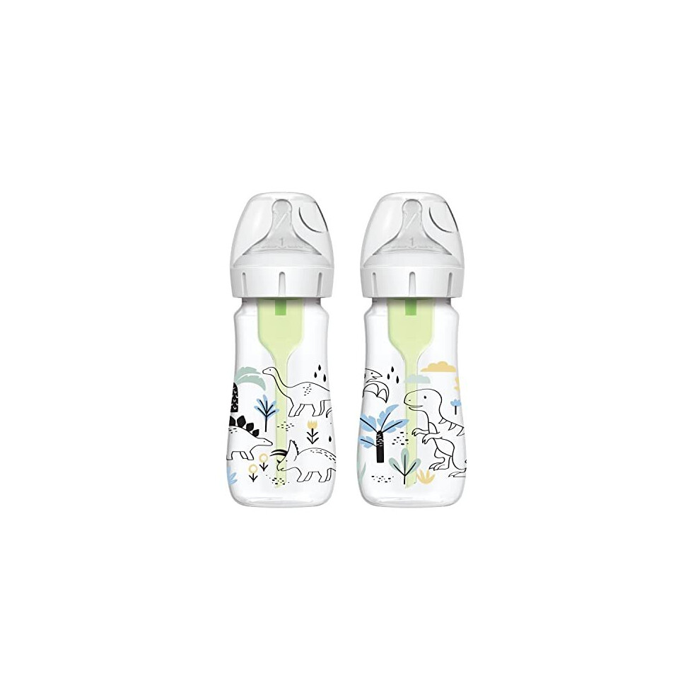 Dr Brown's Anti-Colic Options+ Wide-Neck Baby Bottle, 9oz/270ml, 2-Pack - Dinosaur Design