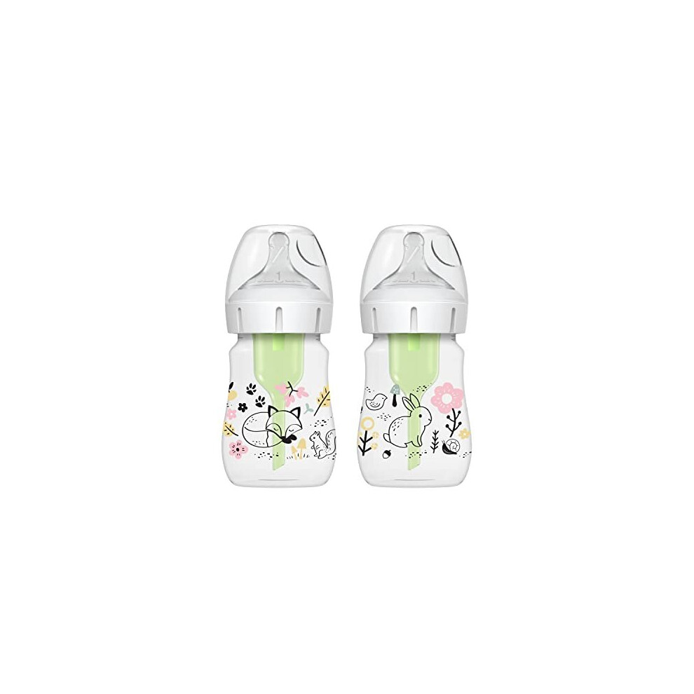 Dr Brown's Anti-Colic Options+ Wide-Neck Baby Bottle, 5oz/150ml, 2-Pack - Woodland Design