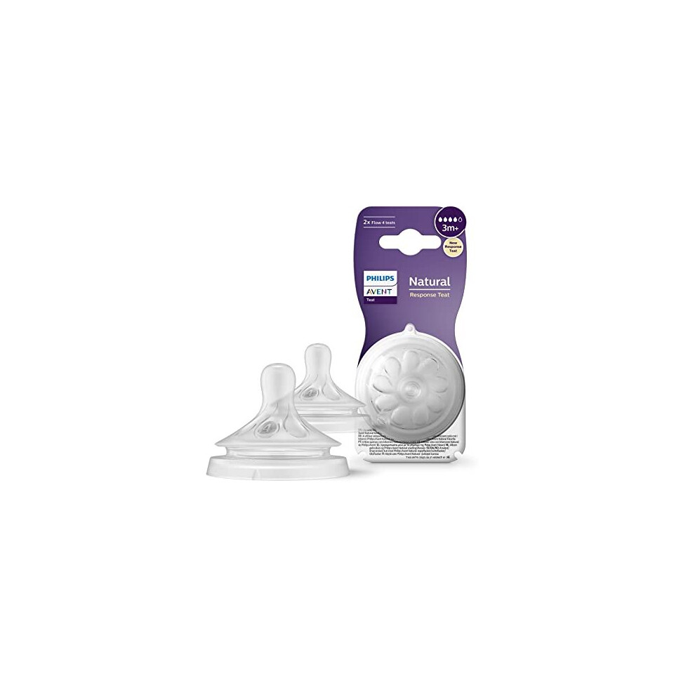 Avent Natural Response Bottle Teat - 2 x Baby Bottle Flow 4 Teats for Babies Aged 3+ Months, BPA Free (Model SCY964/02)