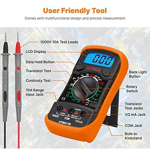 Digital Multimeter, Voltmeter Ammeter Ohmmeter Circuit Checker with Backlight LCD Test Leads, Portable Multi Tester Measures OHM AC DC Voltage Current 1