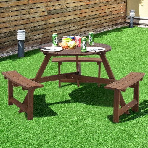 Garden Picnic Wooden Table Bench Set 6 Seat Outdoor Round Dining Table