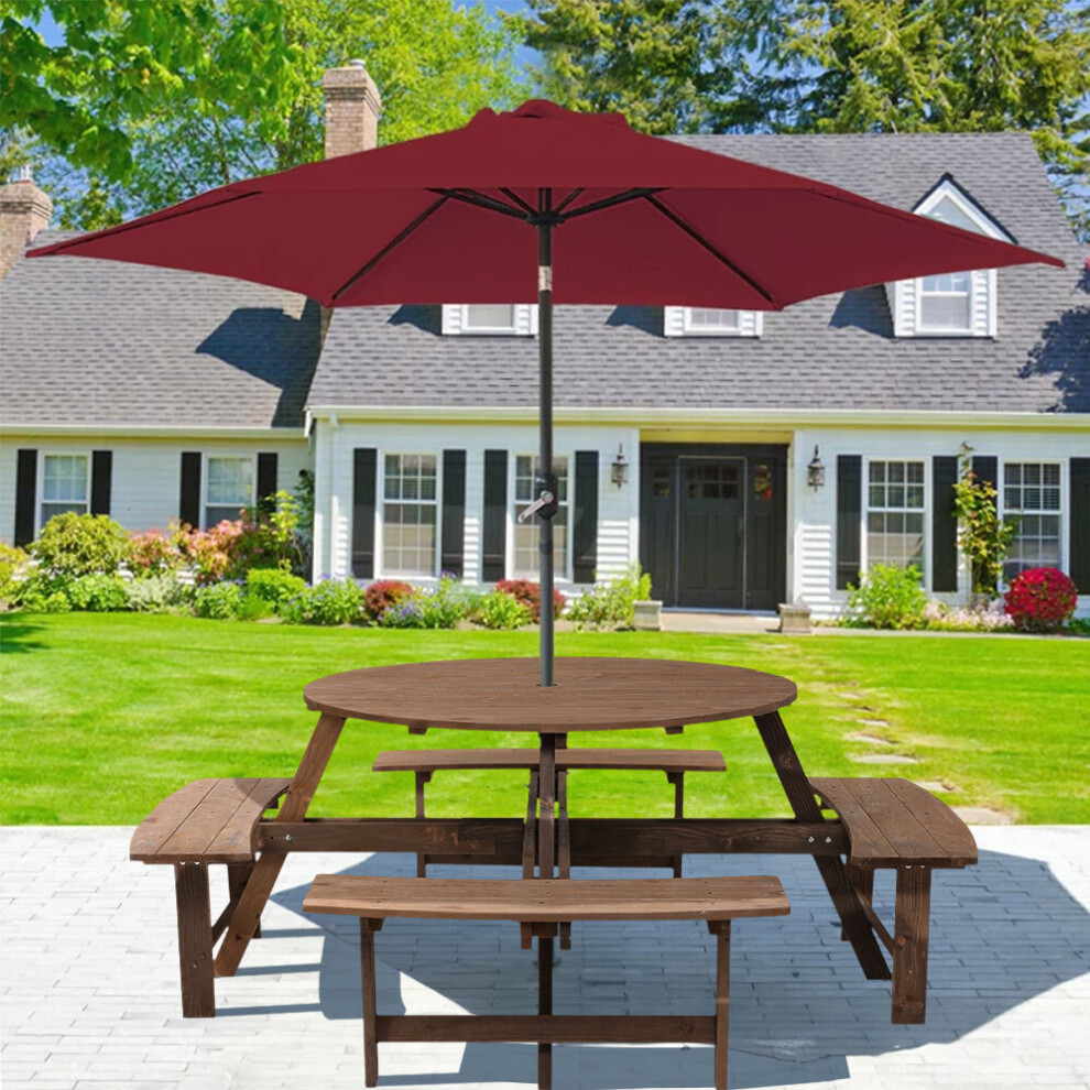 Garden Picnic Wooden Table Bench Set 8 Seat Outdoor Round Dining Table and 4 Bench Set