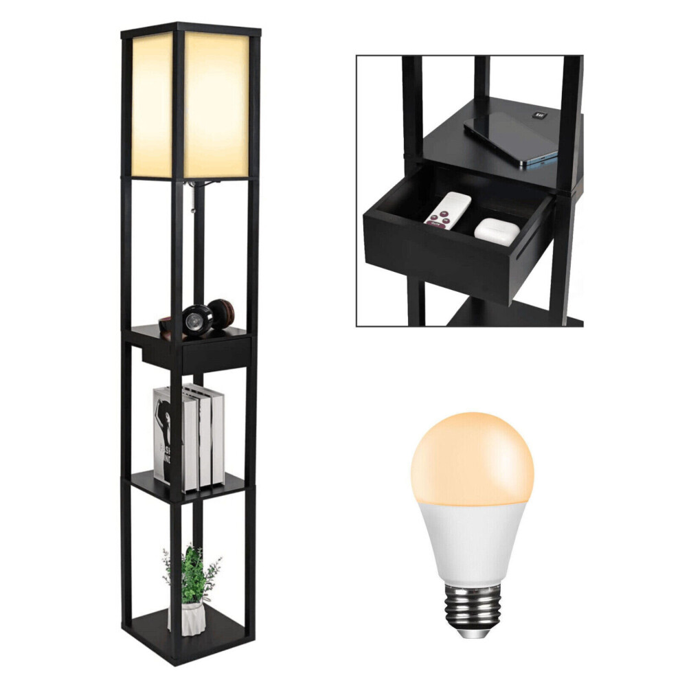 (Black(USB Port+Drawer)) Floor Lamp LED Bulb 3-Tier Wooden Display Shelf