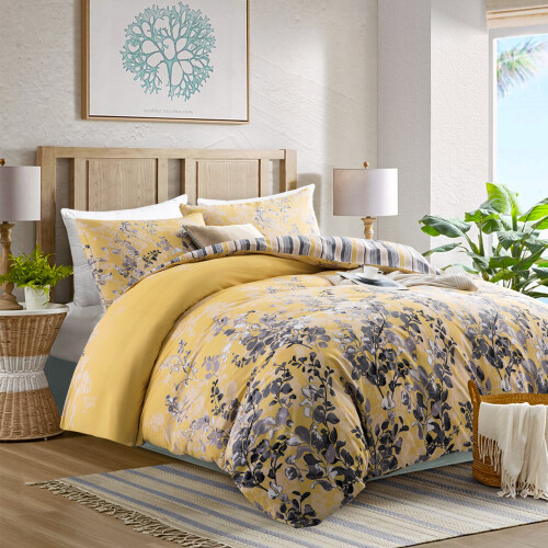 (Ochre Blosoom, Double 200 x 200 CM) 4 Piece Bedding Set Reversible