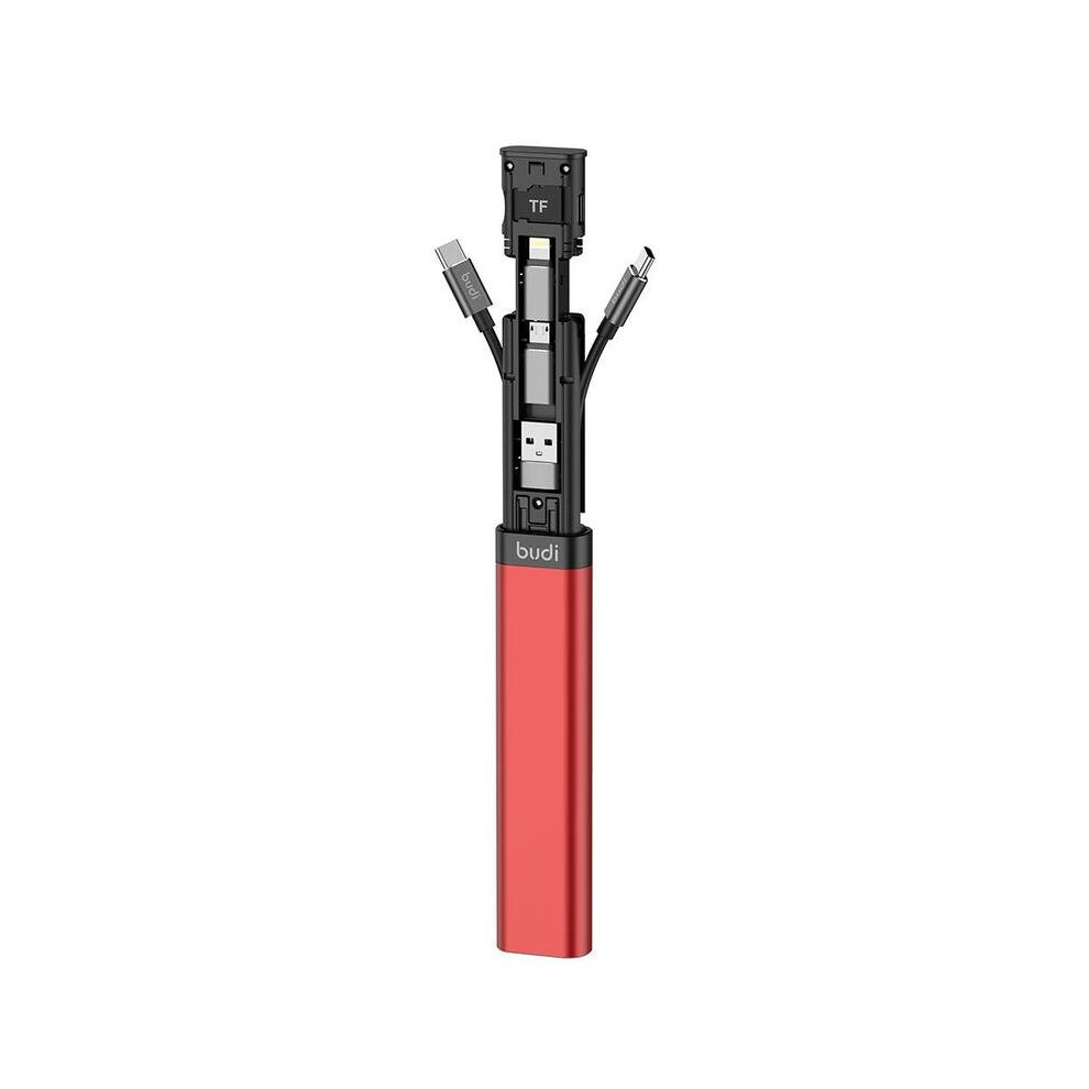 (red) BUDI Multi-function Smart Adapter Card Storage Data Cable USB Box for iPhone Samsung Computer Extended Storage