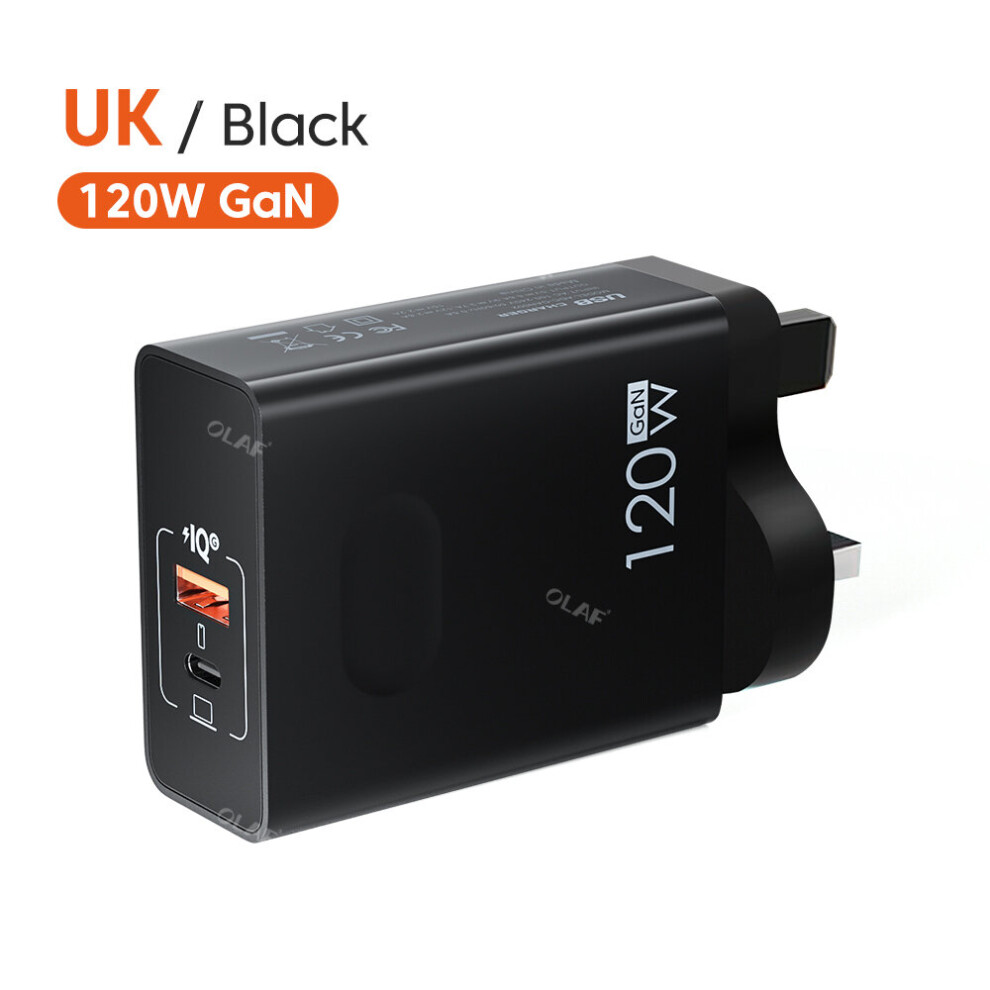 (UK Black) 120W GaN USB Charger PD65W Quick Charge 3.0 Type C Charger Fast Charging Charger Adapter For iPhone Xiaomi Samsung Mobile Phone