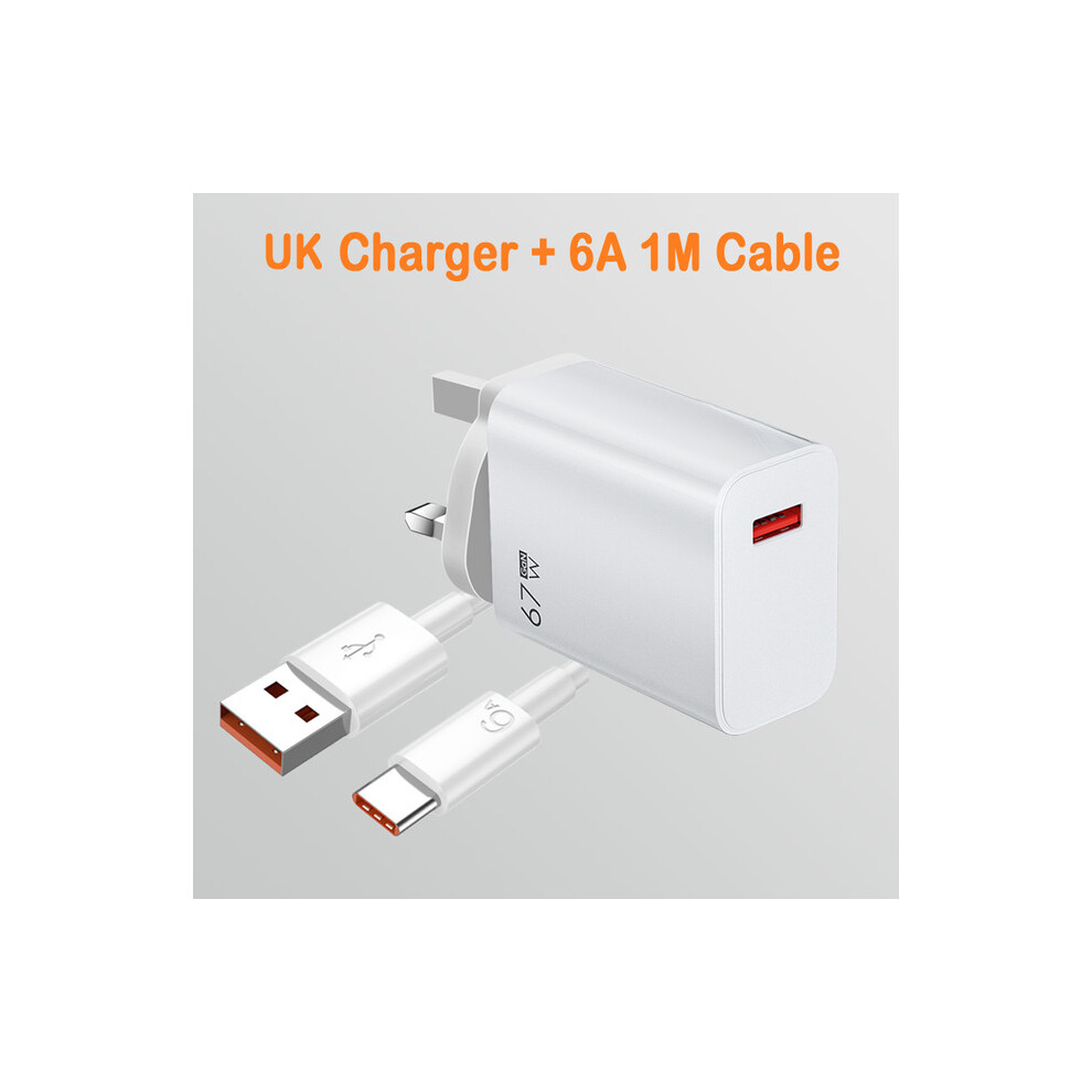 (UK-White-6A) 67W USB Charger Fast Charging QC 3.0 Wall Phone Adapter For iPhone Samsung Xiaomi Poco Tablet USB Type C Cable 6A Quick Charger