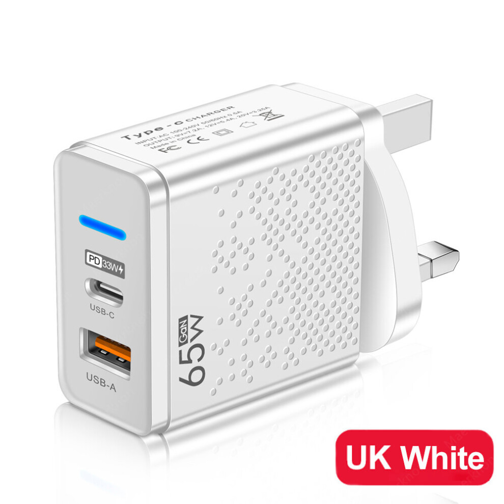 (UK Plug White) GaN 65W USB C Charger PD Type C Fast Charging Wall Adapter For iPhone 14 13 Xiaomi Samsung Macbook Quick Charge3.0 Phone Charger