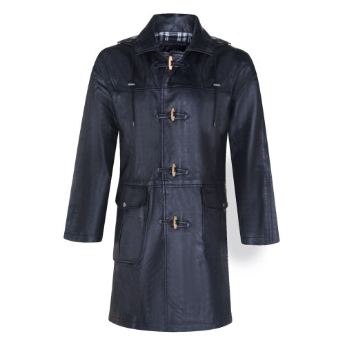 (4XL) Men's Black Leather Duffle Knee Length overcoat