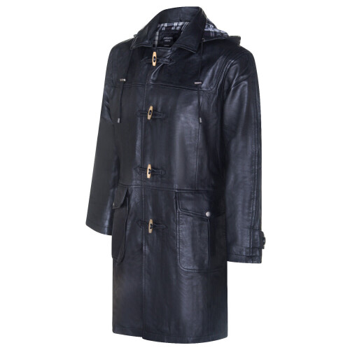 (4XL) Men's Black Leather Duffle Knee Length overcoat 1