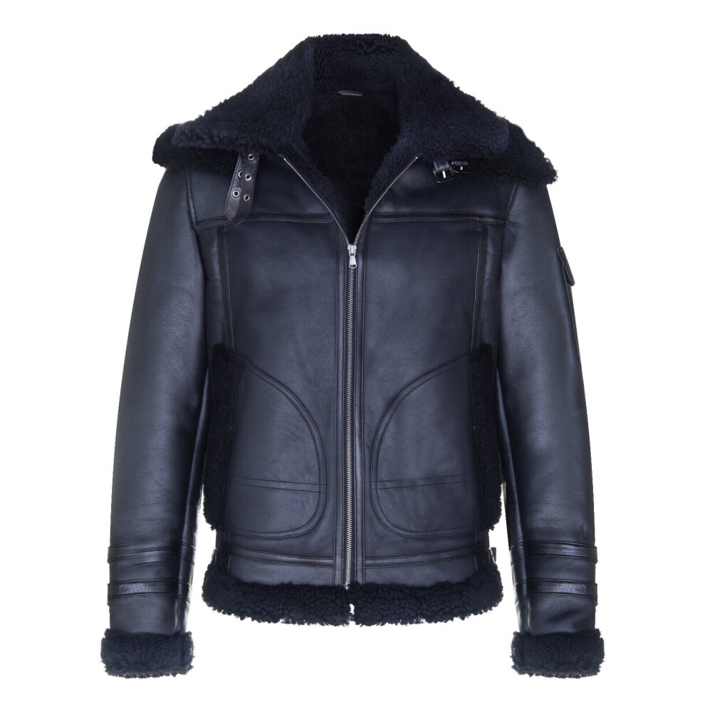 Infinity Leather Men's Black (2Xl) Sheepskin Bomber Jacket Retro Raf B3 Real Shearling Leather Biker