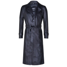 (XL) Men's Black Leather Full Length Long Overcoat
