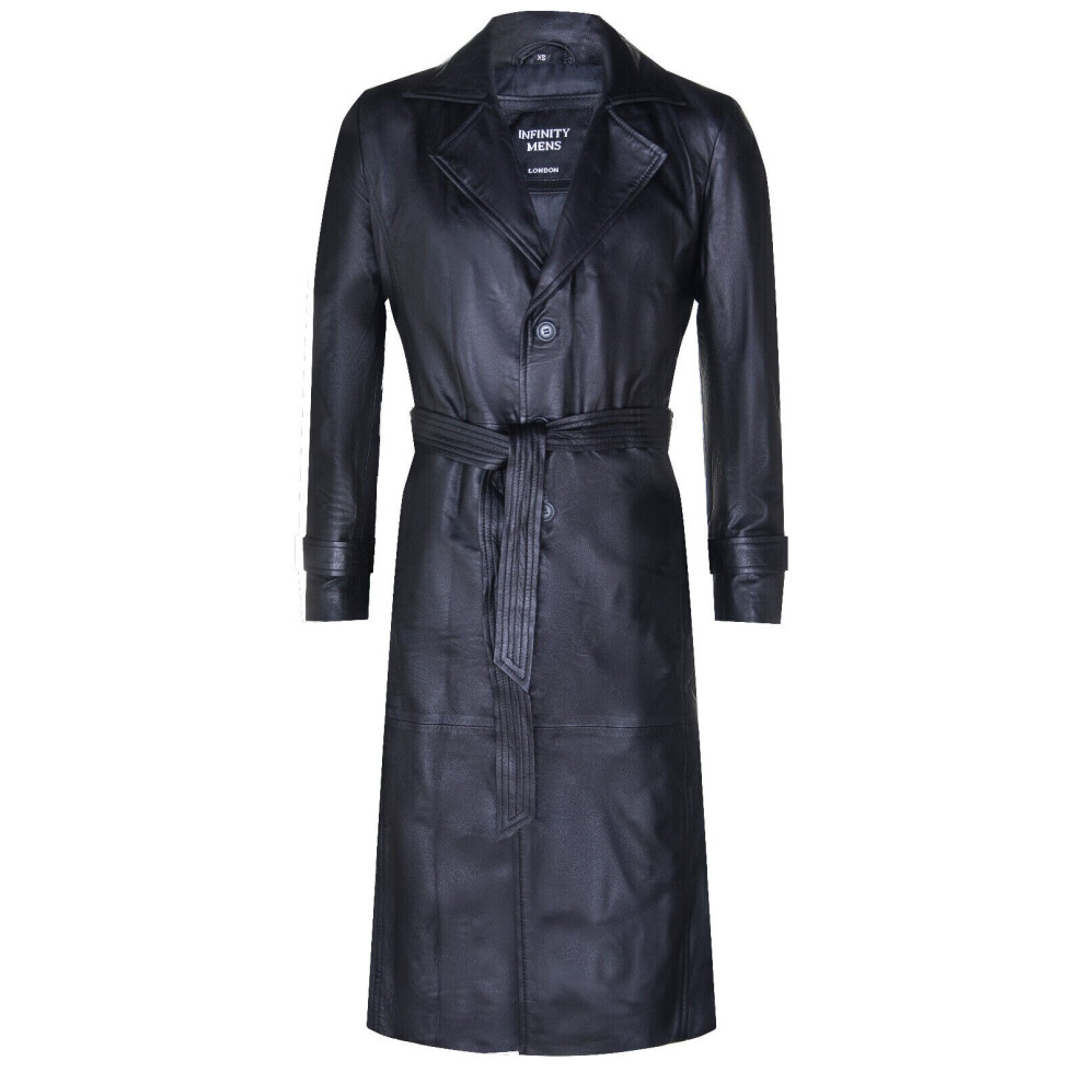 (5XL) Men's Black Leather Full Length  Long Overcoat