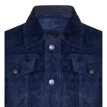 (XS) Men's Navy Goat Suede Trucker Denim Leather Shirt