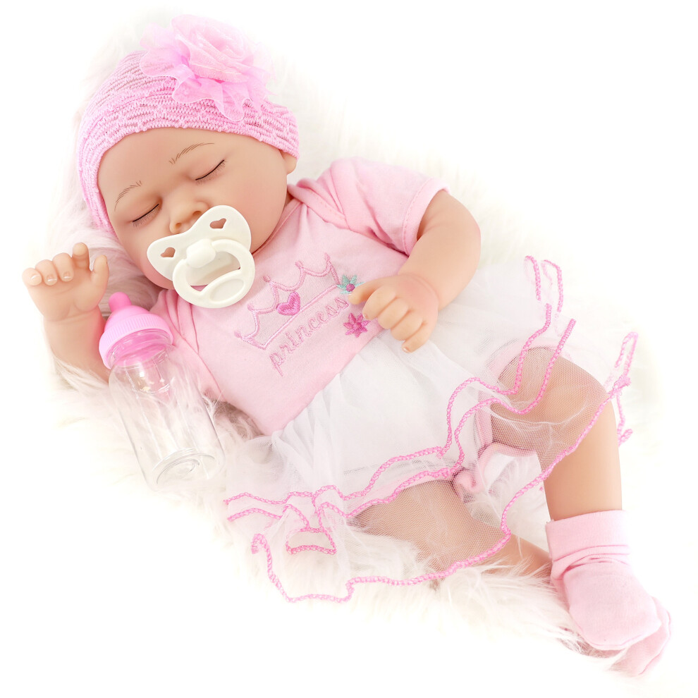 Bibi Doll (Sleeping Girl) Reborn Baby Doll Realistic 17" Realistic Newborn With Dummy, Bottle & Birth Certificate