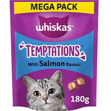 Temptations - Tasty, Crunchy Treats for Adult Cats, Small Bite Size Snacks with a Delicious Salmon Flavour Filling, 4 x 180 g Packets - Pack May Vary