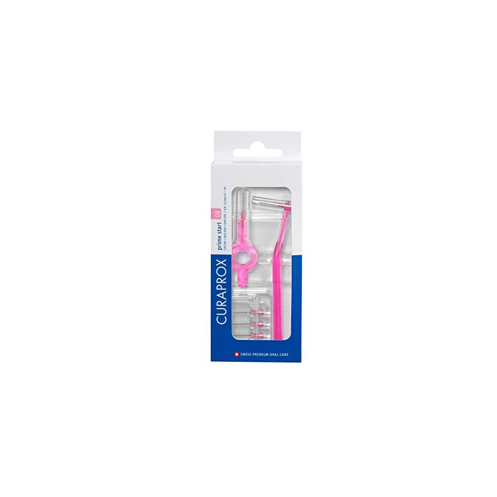 CPS 08 Prime Start Interdental Brush Kit, Pink - 5 x 0.8mm - 3.22mm Interdental Brushes + 2 Interdental Toothbrush Holders