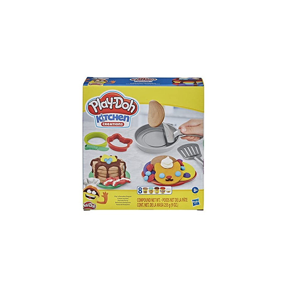 Kitchen Creations Flip 'n Pancakes Playset 14-Piece Breakfast Toy for Kids 3 Years and Up with 8 Non-Toxic Modelling Compound Colours