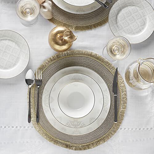 Siena Dinnerware Set of 12 56 Pieces Porcelain Dinnerware Set Chic Dinnerware Round Elegant White Gold Lace Decal Dinnerware Set Dinnerware for