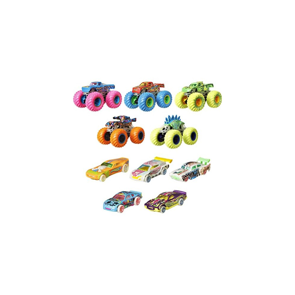 Monster Trucks Glow in the Dark Multipack with 10 Toy Vehicles: 5 Monster Trucks & 5 1:64 Scale Cars, Collectible Gift for Kids Ages 4 to 8 Years Old,