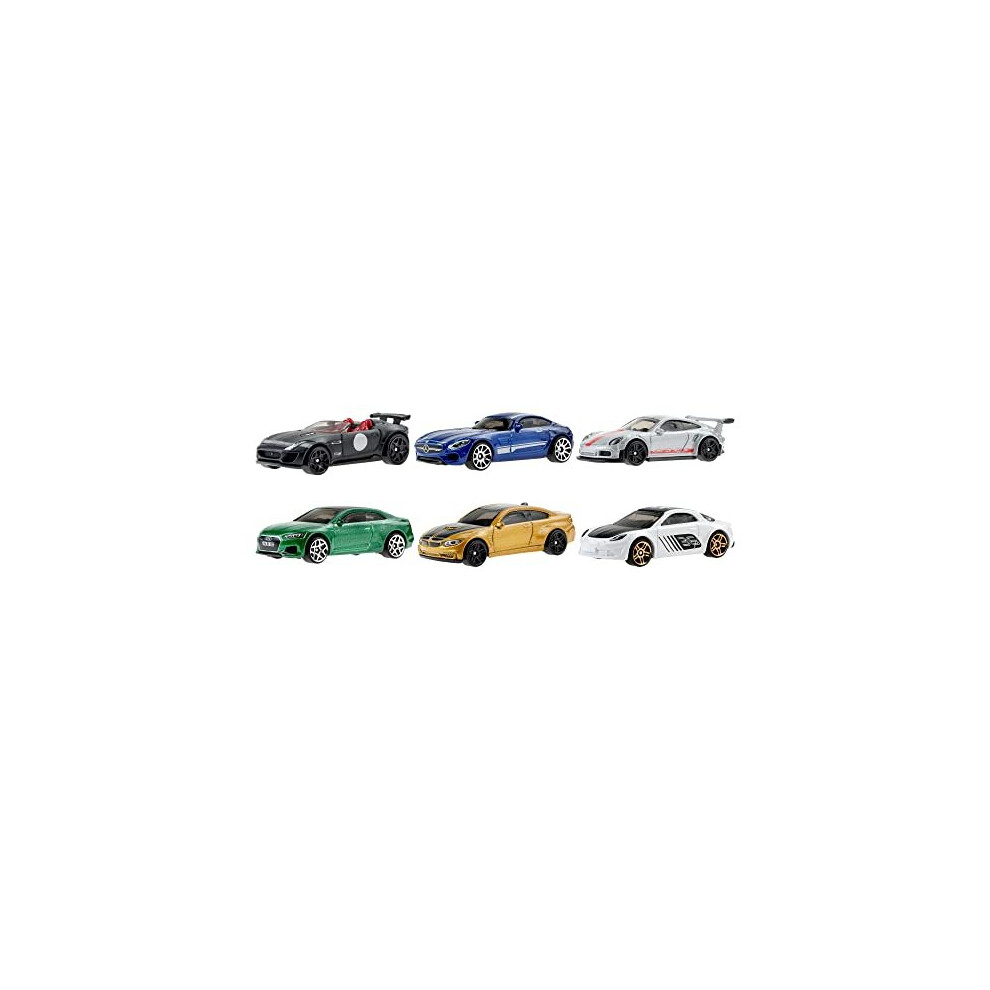 European Car Culture Multipacks of 6 Premium Toy Cars, 1:64 Scale, Authentic Decos, Popular Castings, Rolling Wheels, Gift for Kids 3+ & Collectors