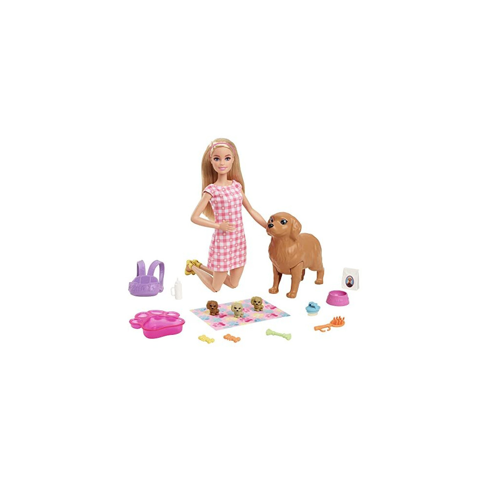 Doll and Accessories Playset with Blonde Doll, Mommy Dog, 3 Puppies and 11 Pieces, Newborn Pups Set, HCK75