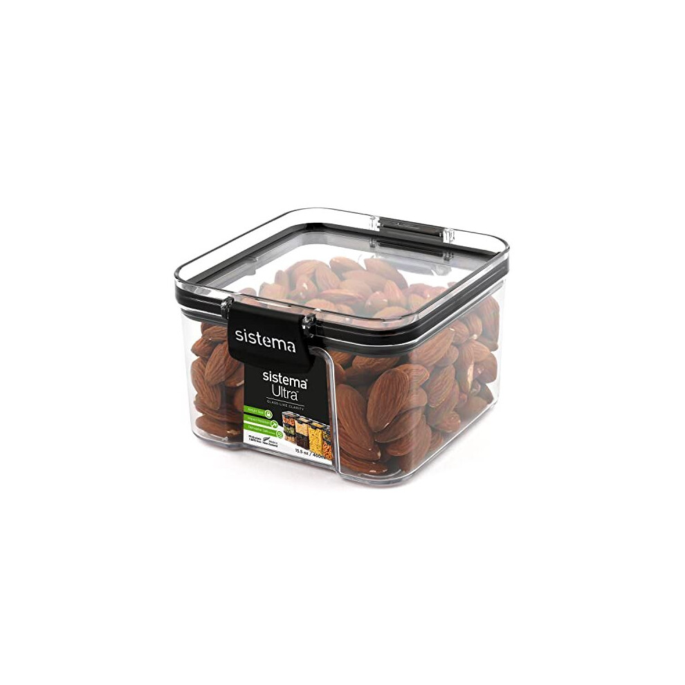 Sistema Ultra Tritan Airtight Pantry Storage Container | 460 Ml Square Food Storage Container | Stackable | With Locking Clips | Bpa-Free | Clear With Black