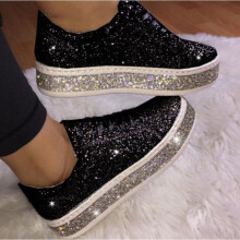 ( Black, UK6) Ladies White Flat Trainers Women Lace Up Diamante Sneakers Comfy Gym Pumps Shoes