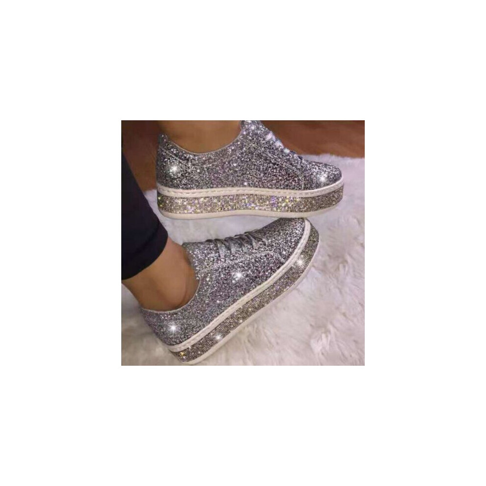 (  Silver,   UK7) Ladies White Flat Trainers Women Lace Up Diamante Sneakers Comfy Gym Pumps Shoes