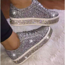 ( Silver, UK4) Ladies White Flat Trainers Women Lace Up Diamante Sneakers Comfy Gym Pumps Shoes