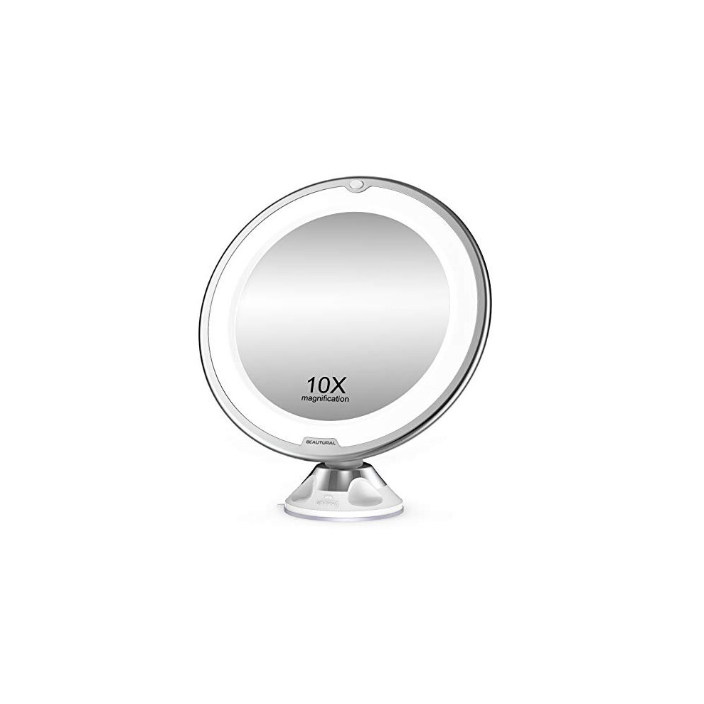 Makeup Mirror, 10X Magnifying Lighted Vanity Daylight White LED, Portable Illuminated Bathroom Mirror, 360 Degree Swivel Rotation and Locking Suction