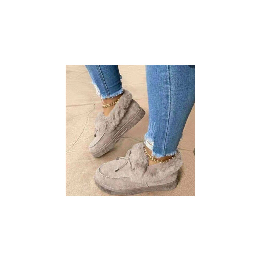 (  Grey,   UK 7 / EU 41) WOMENS FAUX FUR LINED WARM WINTER MOCCASIN ANKLE BOOTIE SLIPPERS SHOES