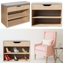 Wooden Ottoman Shoe Storage Bench with Padded Grey Lid, 2-Tier Hallway Cabinet Stand