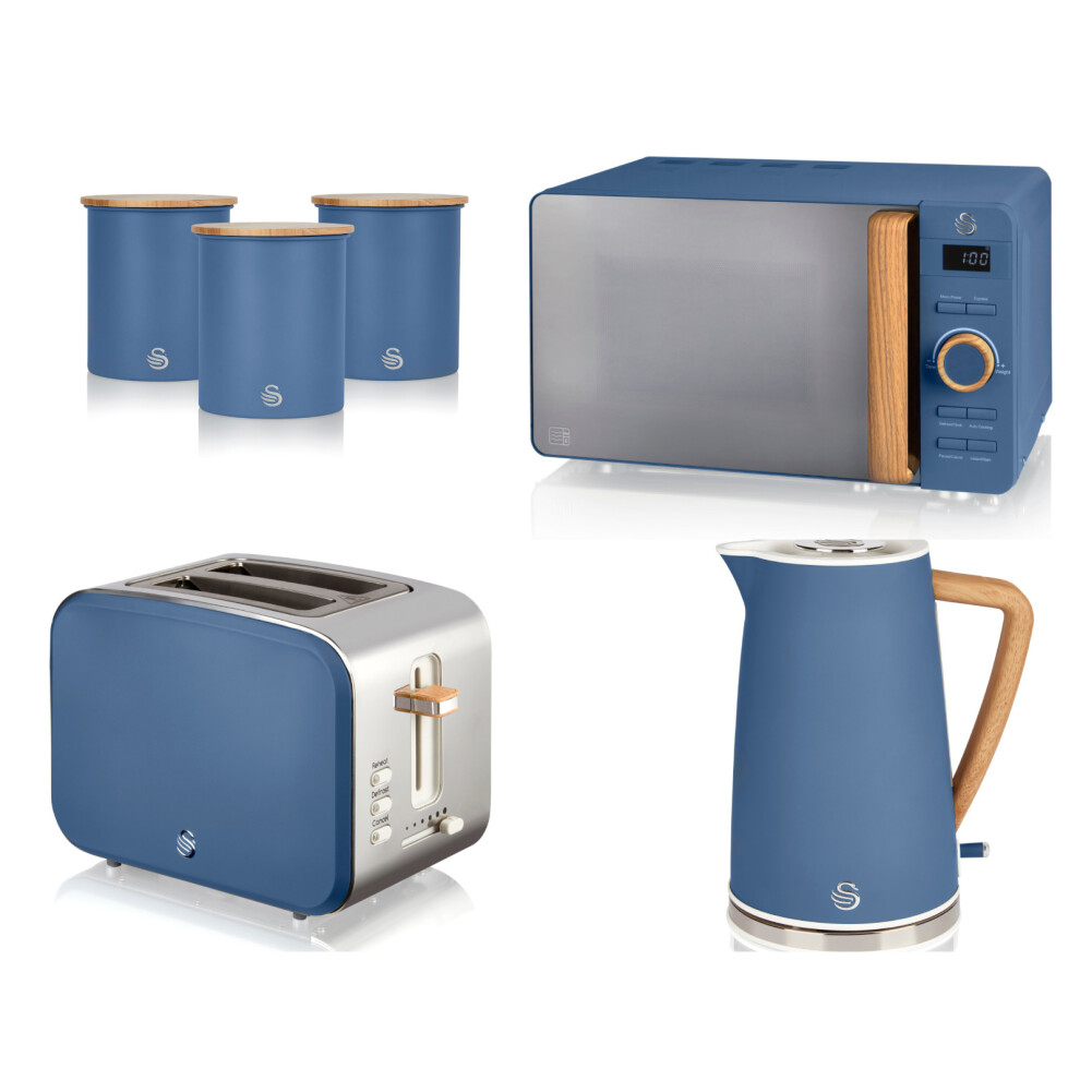 Swan Nordic Blue Kettle, 2 Slice Toaster, Microwave & 3 Canisters Set