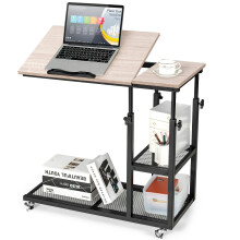 Adjustable C-Shaped Bedside Table with Tiltable Top, 64-95cm Height, 2-Tier Storage, 360 Wheels