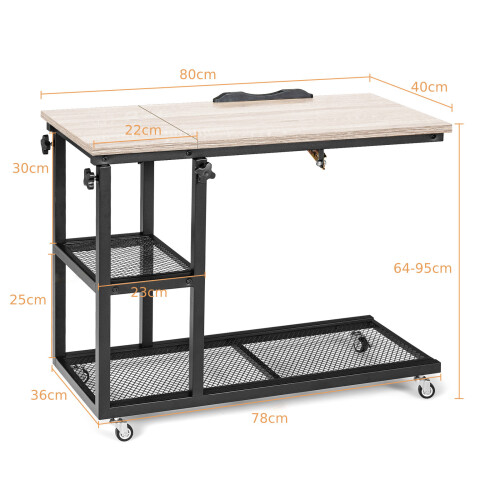 Costway Adjustable C-Shaped Bedside Table with Tiltable Top, 64-95cm Height, 2-Tier Storage, 360 Wheels 1