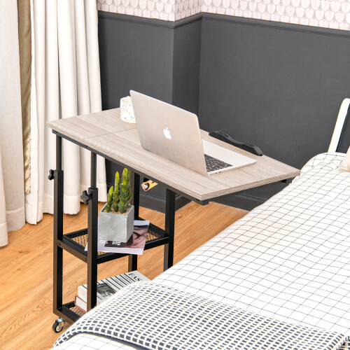 Costway Adjustable C-Shaped Bedside Table with Tiltable Top, 64-95cm Height, 2-Tier Storage, 360 Wheels 2